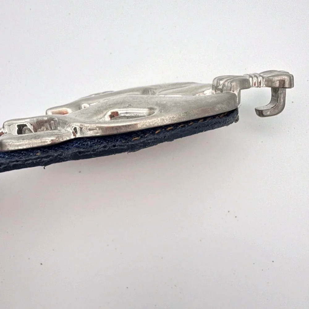 VTG Denim Leather Belt Peacock Feathers Leopard Silver Tone Buckle Adjustable